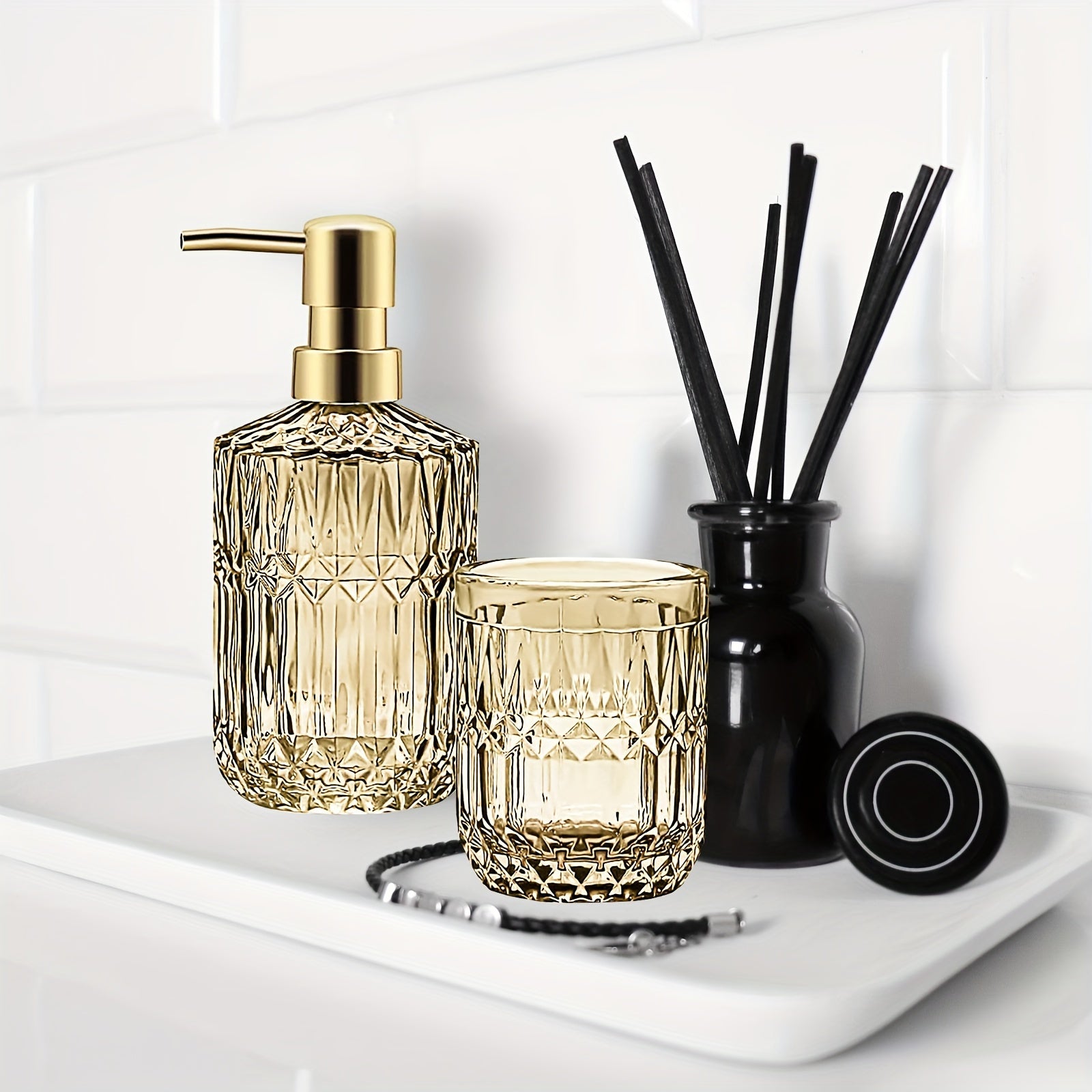 5pcs/set Light Luxury Bathroom Accessory Set, Tumbler, Cotton Swab Jars