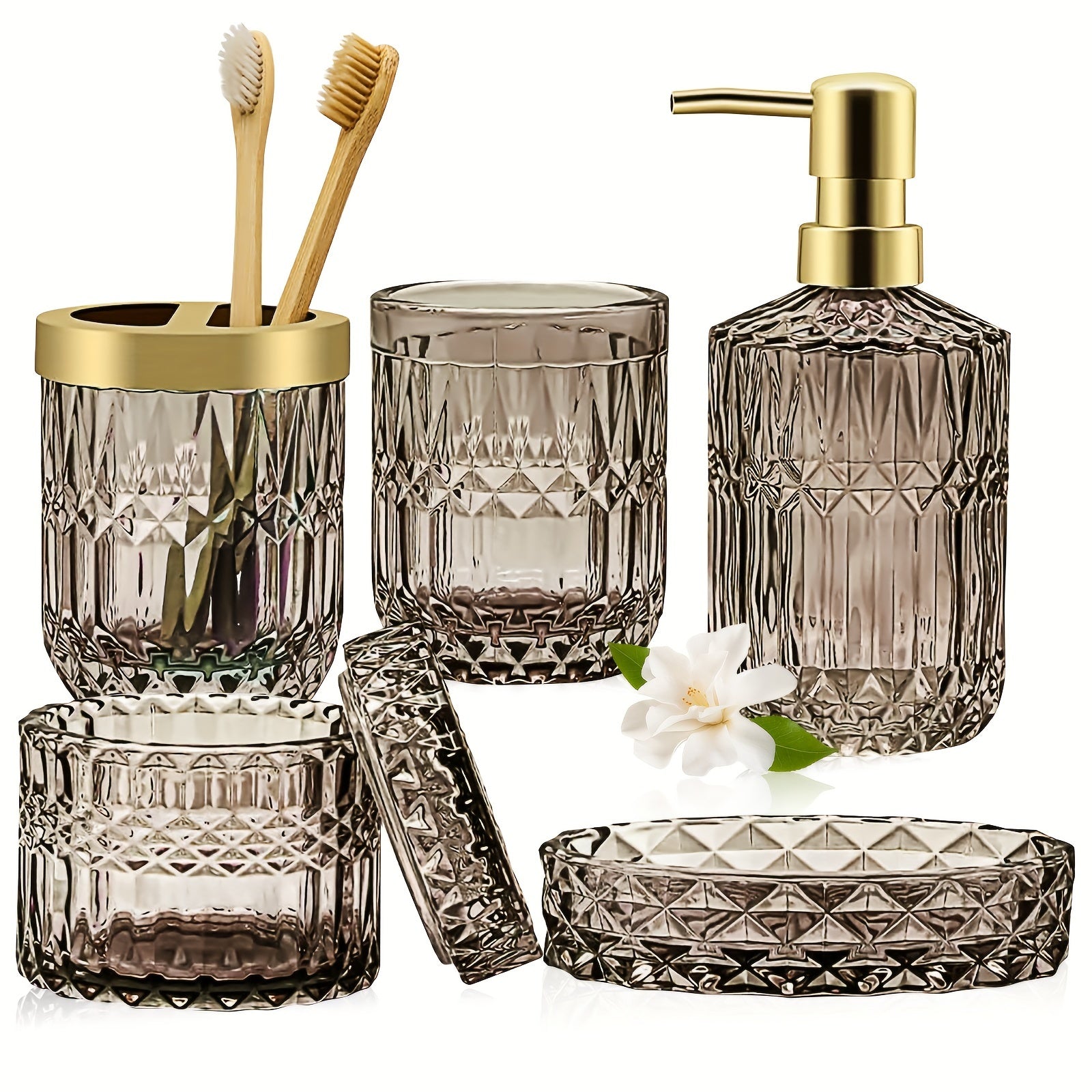 5pcs/set Light Luxury Bathroom Accessory Set, Tumbler, Cotton Swab Jars