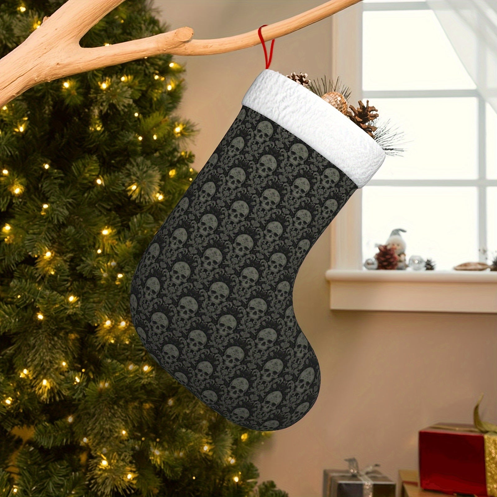 17.7-inch Vintage Gothic Black Skull Polyester Christmas Stocking with Hook Design