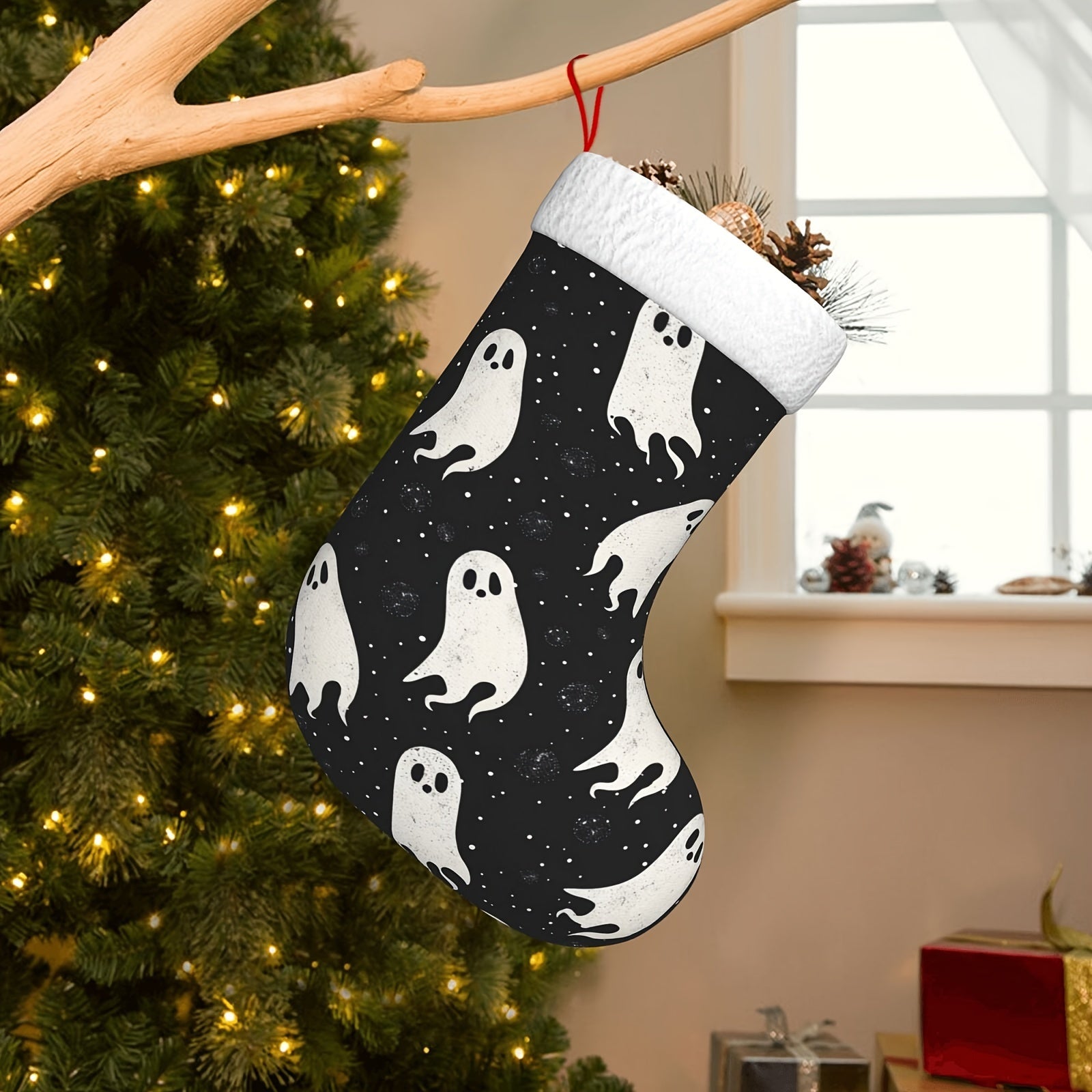 18-Inch Large Festive Christmas Stocking with Black and White Ghosts Pattern