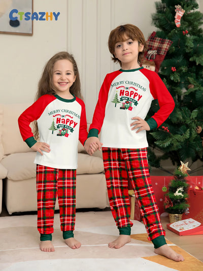 Christmas Kids Pajamas Set  "Merry Christmas Happy New Year" Print Raglan Sleeve Red Pants Sleepwear