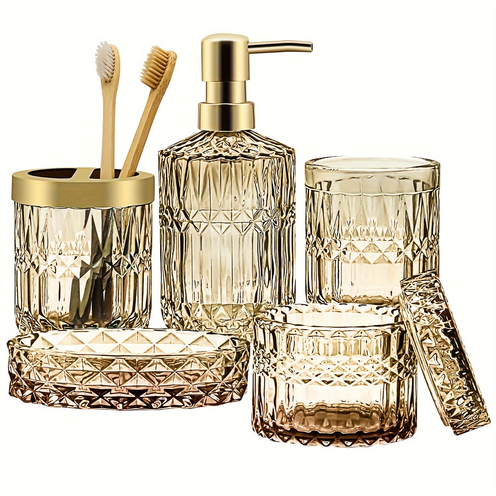 5pcs/set Light Luxury Bathroom Accessory Set, Tumbler, Cotton Swab Jars