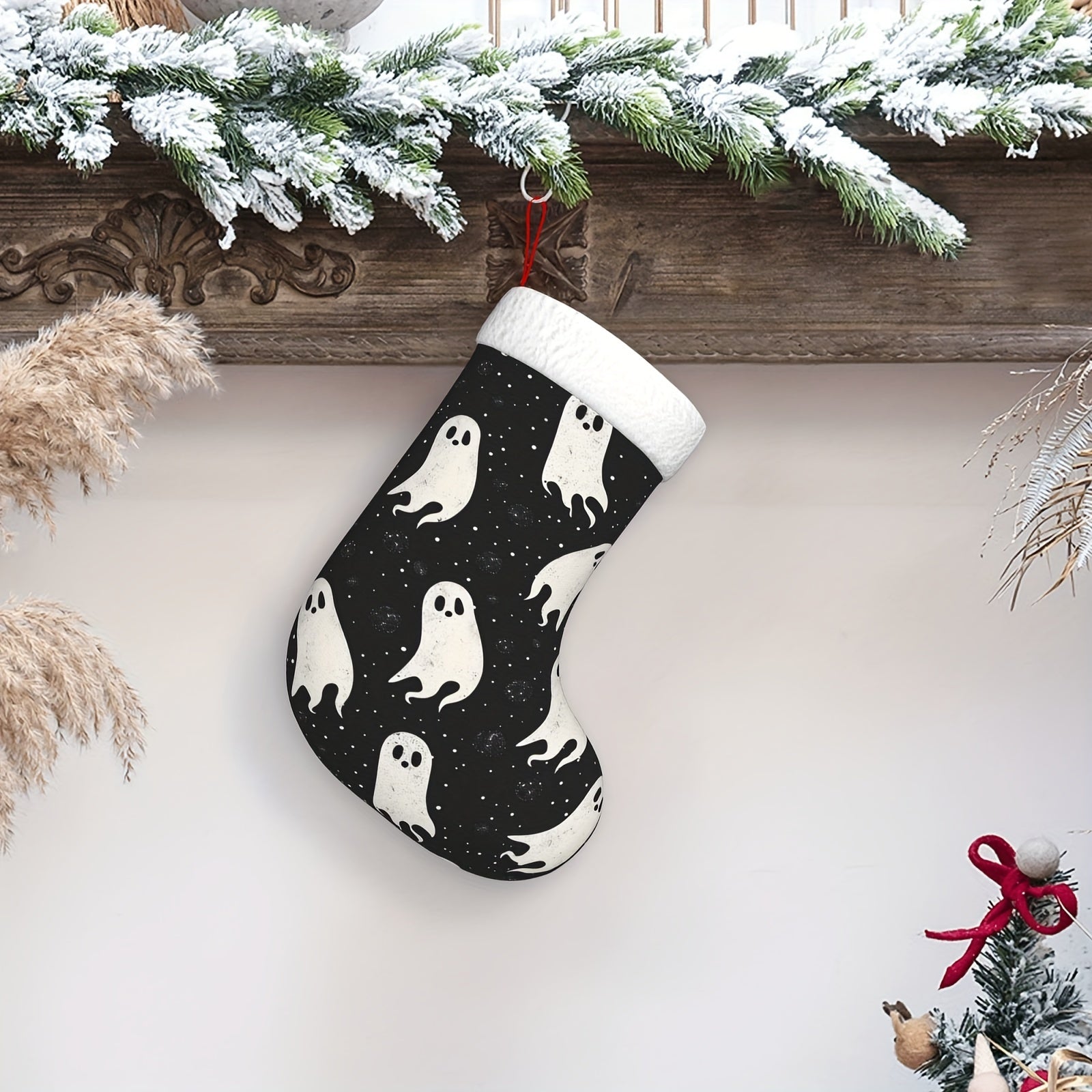 18-Inch Large Festive Christmas Stocking with Black and White Ghosts Pattern