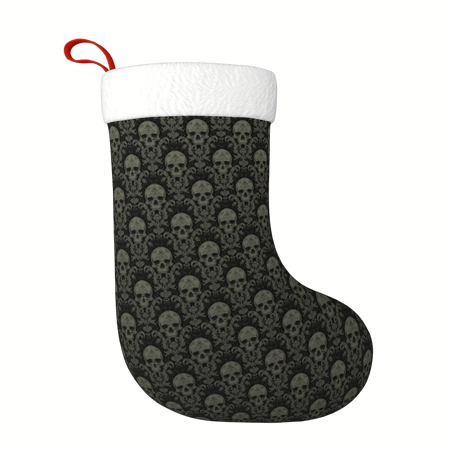 17.7-inch Vintage Gothic Black Skull Polyester Christmas Stocking with Hook Design