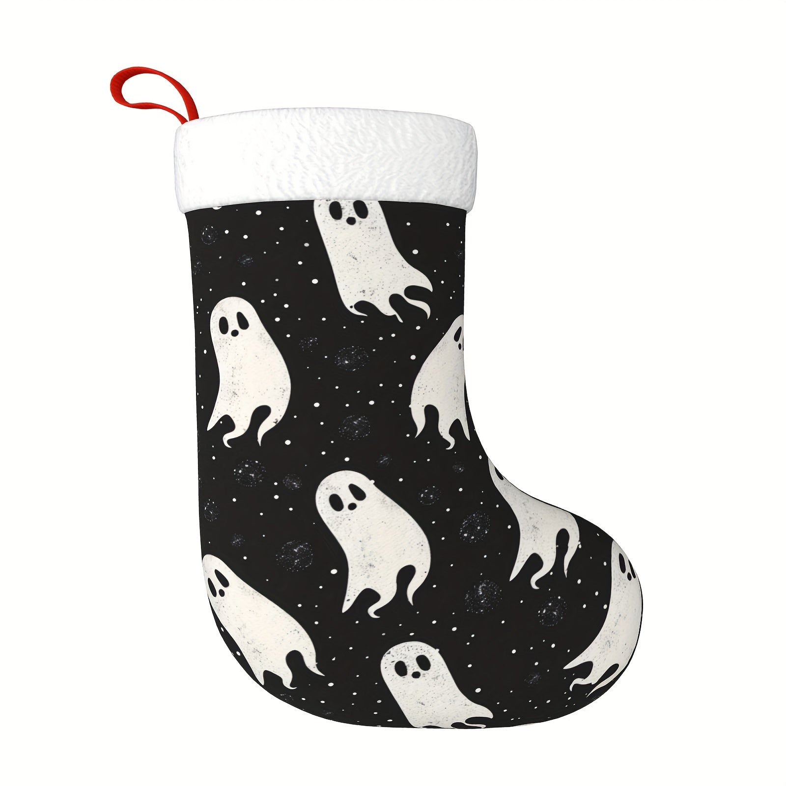 18-Inch Large Festive Christmas Stocking with Black and White Ghosts Pattern